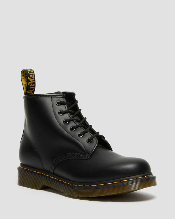 Dr. Martens Men's 101 Yellow Stitch Smooth Leather Ankle Boots in Black