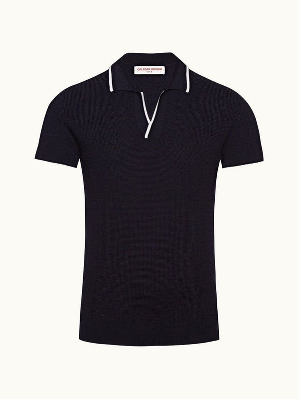 Horton Merino Navy Stripe Tailored Fit Resort Collar Polo Shirt