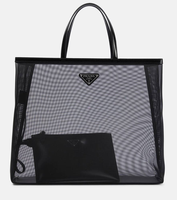 Prada Large leather-trimmed mesh tote