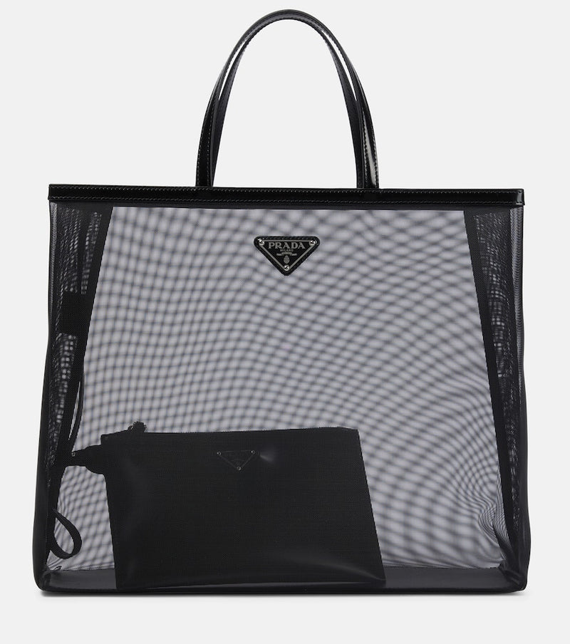 Prada Large leather-trimmed mesh tote