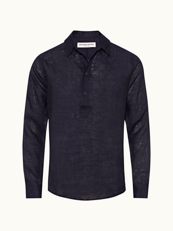 Percy Dark Navy Classic Collar Overhead Linen Shirt
