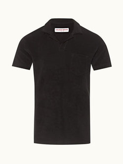 Terry Towelling Black Tailored Fit Towelling Resort Polo Shirt