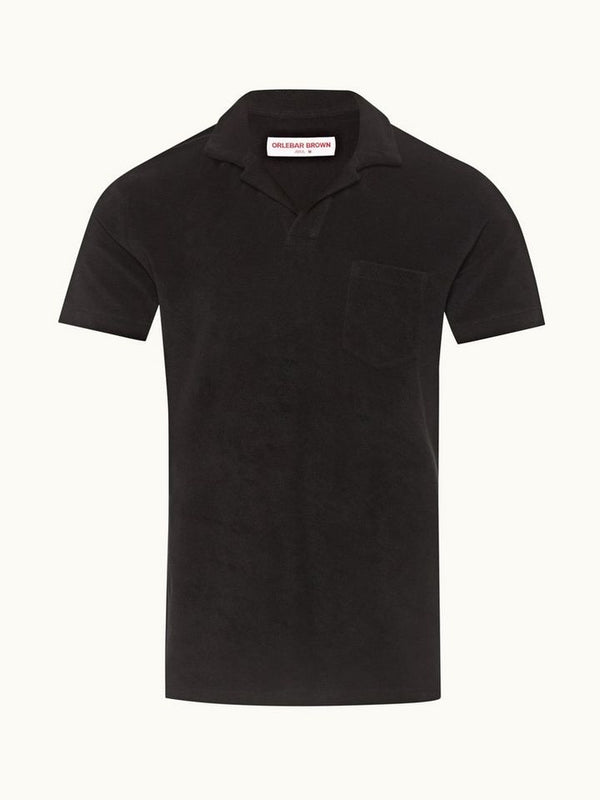 Terry Towelling Black Tailored Fit Towelling Resort Polo Shirt
